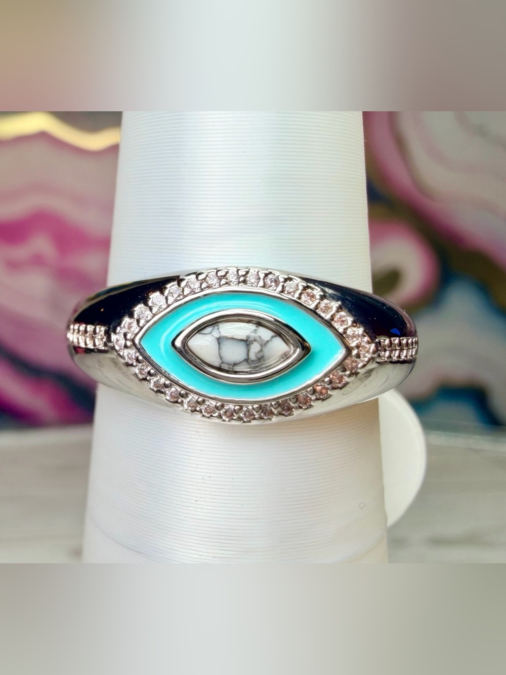 Bomb Party OG Ring- Howlite Magnesite on Rhodium “The Coraline Ring” RG89396 Sz8